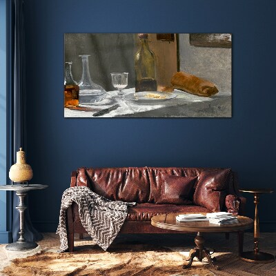 Still life with bottles and glass Glass Print