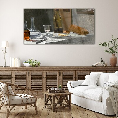 Still life with bottles and glass Glass Print