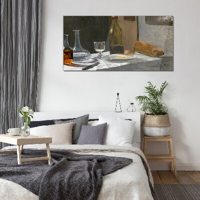 Still life with bottles and glass Glass Print