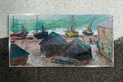 Boats on the beach monet Glass Print
