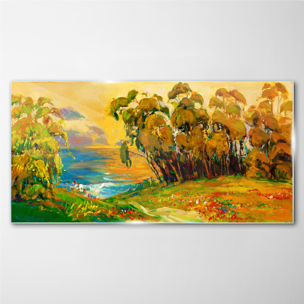 Golden trees over blue sea Glass Print