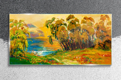 Golden trees over blue sea Glass Print