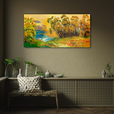 Golden trees over blue sea Glass Print