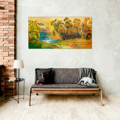 Golden trees over blue sea Glass Print