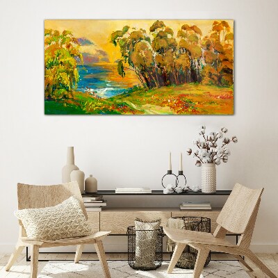 Golden trees over blue sea Glass Print