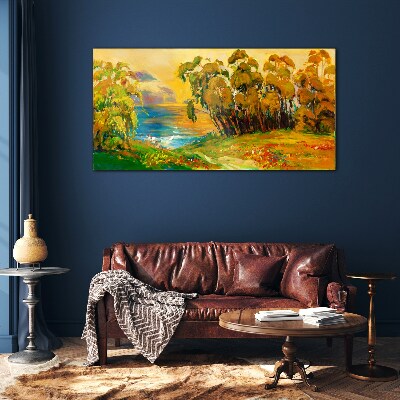 Golden trees over blue sea Glass Print