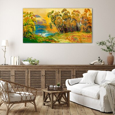 Golden trees over blue sea Glass Print