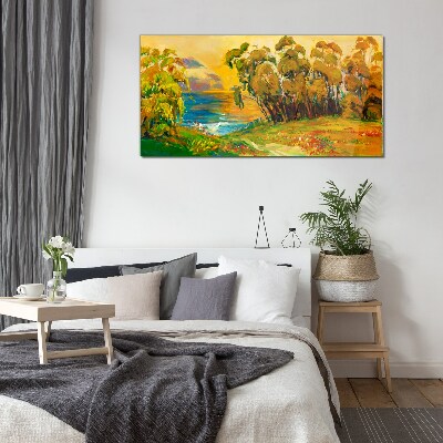 Golden trees over blue sea Glass Print