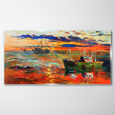 Sunset over the sea Glass Print