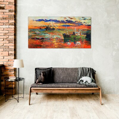 Sunset over the sea Glass Print