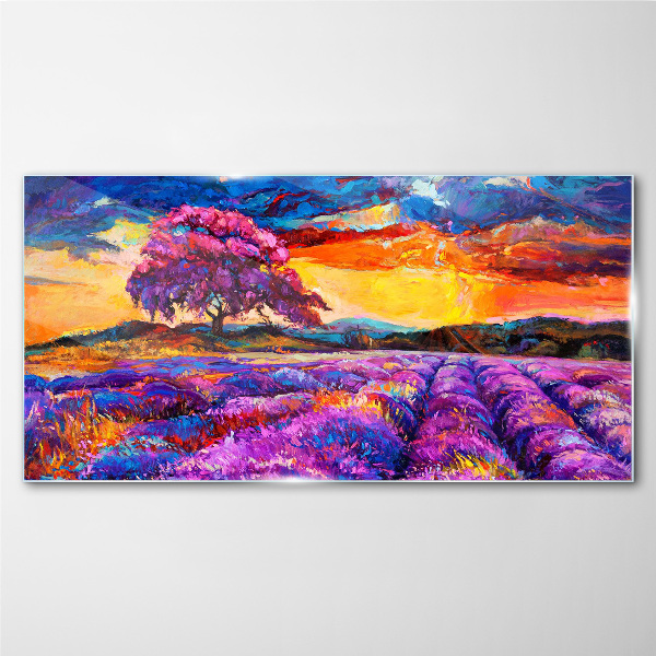 Purple lavender fields at sunset Glass Print