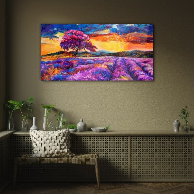 Purple lavender fields at sunset Glass Print