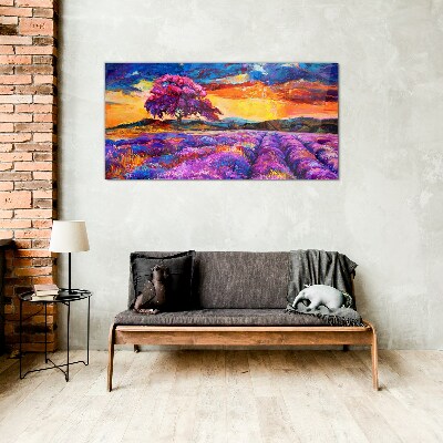 Purple lavender fields at sunset Glass Print