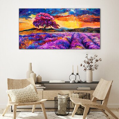 Purple lavender fields at sunset Glass Print
