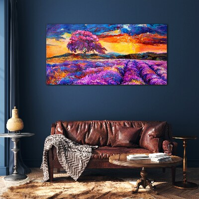 Purple lavender fields at sunset Glass Print