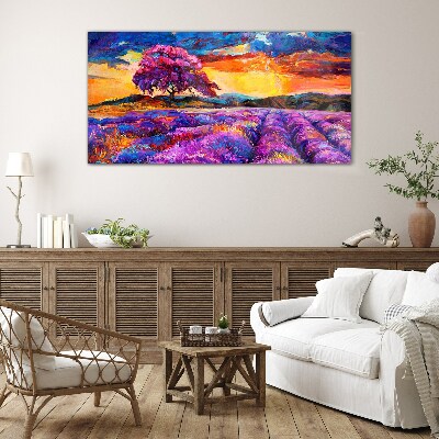 Purple lavender fields at sunset Glass Print