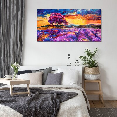 Purple lavender fields at sunset Glass Print