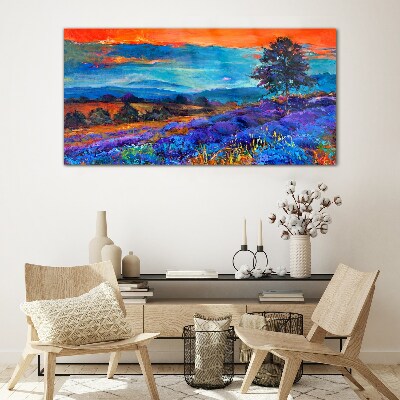 Colorful landscape in sunset Glass Print