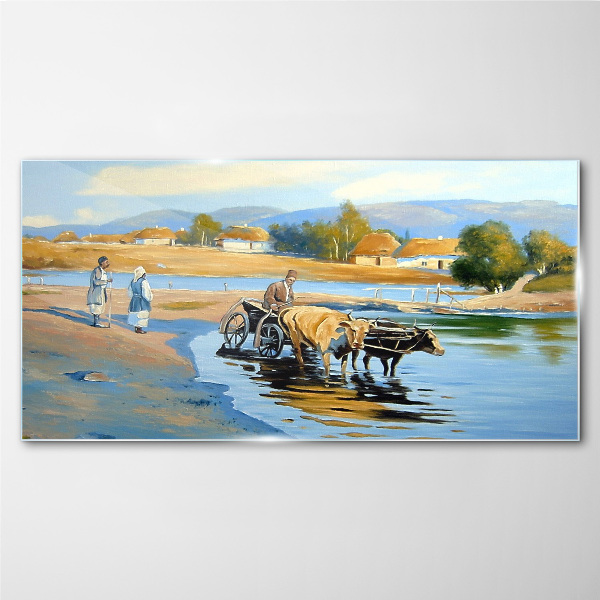 Rural landscape with oxen Glass Wall Art