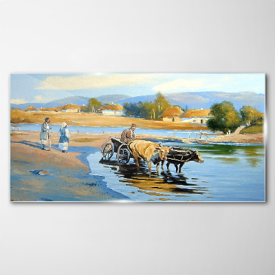 Rural landscape with oxen Glass Wall Art