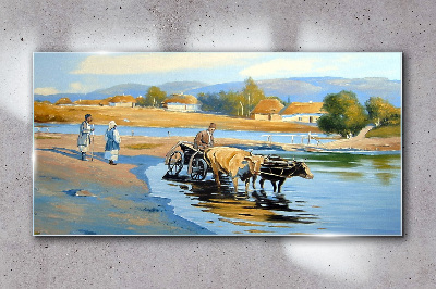 Rural landscape with oxen Glass Wall Art