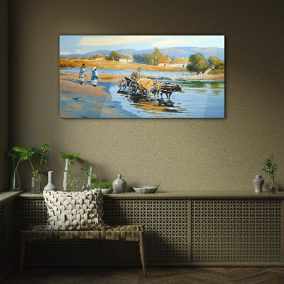 Rural landscape with oxen Glass Wall Art