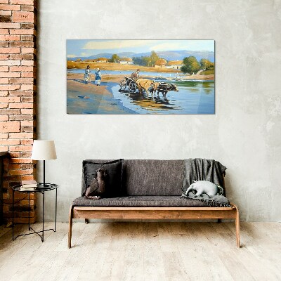 Rural landscape with oxen Glass Wall Art