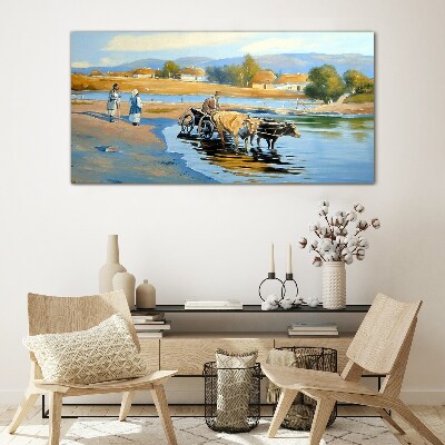 Rural landscape with oxen Glass Wall Art