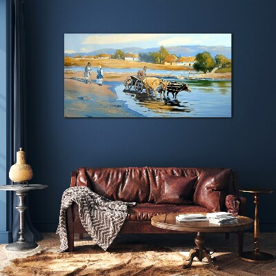 Rural landscape with oxen Glass Wall Art