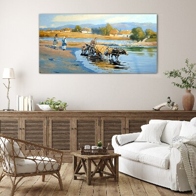 Rural landscape with oxen Glass Wall Art