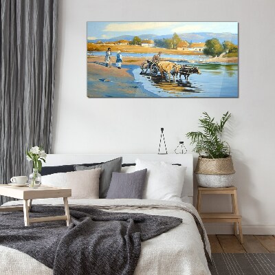 Rural landscape with oxen Glass Wall Art