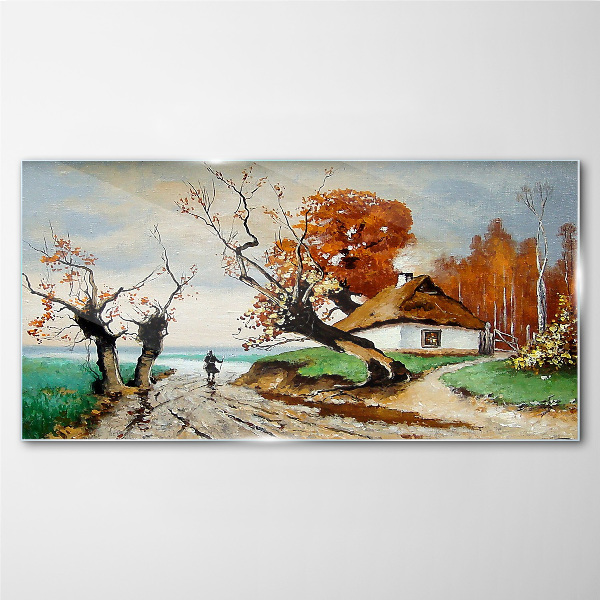 Autumn scenery with a country house Glass Wall Art