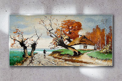 Autumn scenery with a country house Glass Wall Art