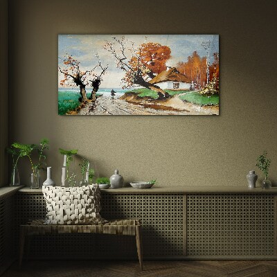 Autumn scenery with a country house Glass Wall Art