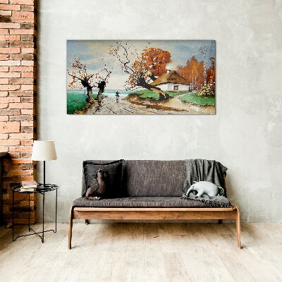 Autumn scenery with a country house Glass Wall Art