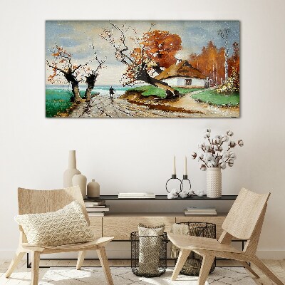Autumn scenery with a country house Glass Wall Art