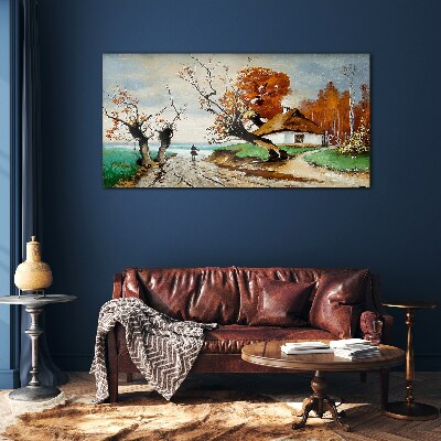 Autumn scenery with a country house Glass Wall Art