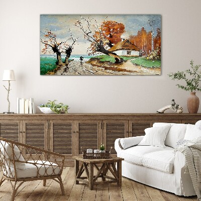 Autumn scenery with a country house Glass Wall Art