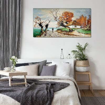Autumn scenery with a country house Glass Wall Art