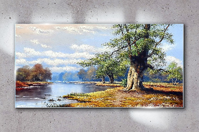 A peaceful landscape by the river Glass Wall Art