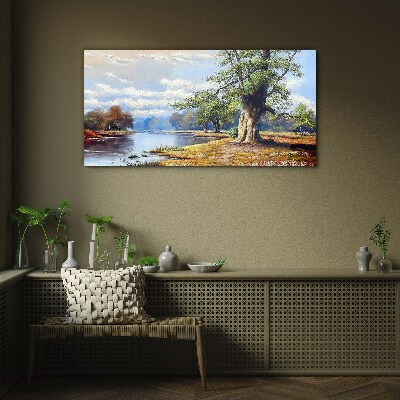 Forest river landscape with clouds Glass Wall Art