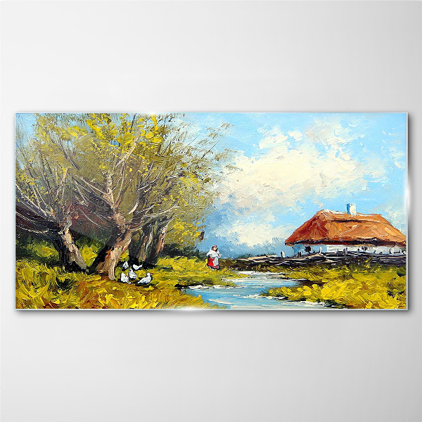 Countryside landscape with a cottage and trees Glass Wall Art
