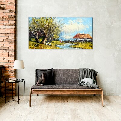 Countryside landscape with a cottage and trees Glass Wall Art