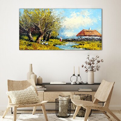Countryside landscape with a cottage and trees Glass Wall Art