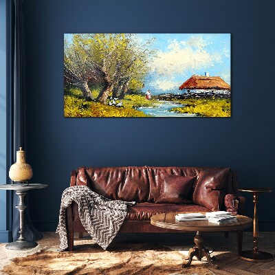 Countryside landscape with a cottage and trees Glass Wall Art