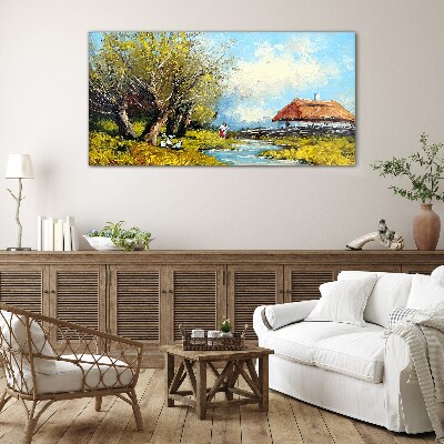 Countryside landscape with a cottage and trees Glass Wall Art