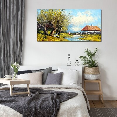 Countryside landscape with a cottage and trees Glass Wall Art
