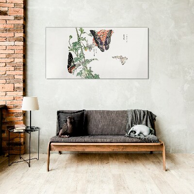 Butterflies on a background of flowers Glass Print