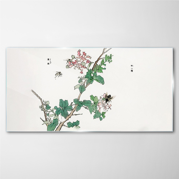 Flower branch with insects Glass Print