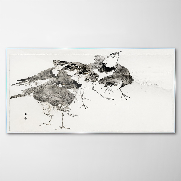 A flock of birds against a white background Glass Print